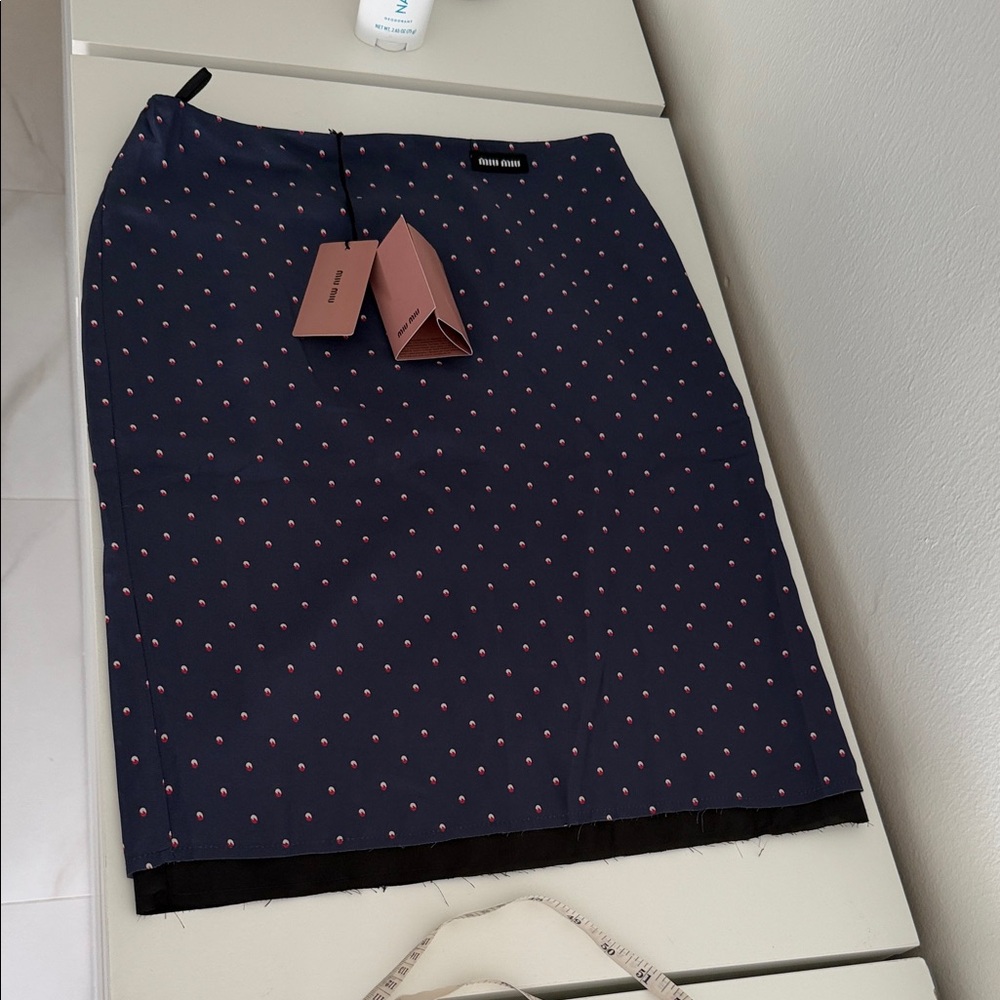Sandro Navy Pencil Skirt with Pink Dot Print